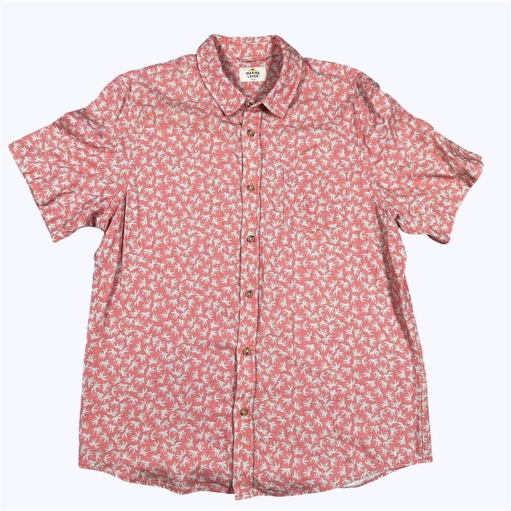 Marine Layer Lightweight Shirt Button Up Mens L Mint Red Palm Tree Print S/S EUC